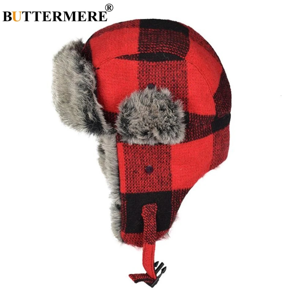 Buttermere Winter Bomber Hat Womens Grey Checkered Russian Ushanka Hat Warm Thick Skiing Mens and Womens Outdoor Earrings Trap Hat 241106