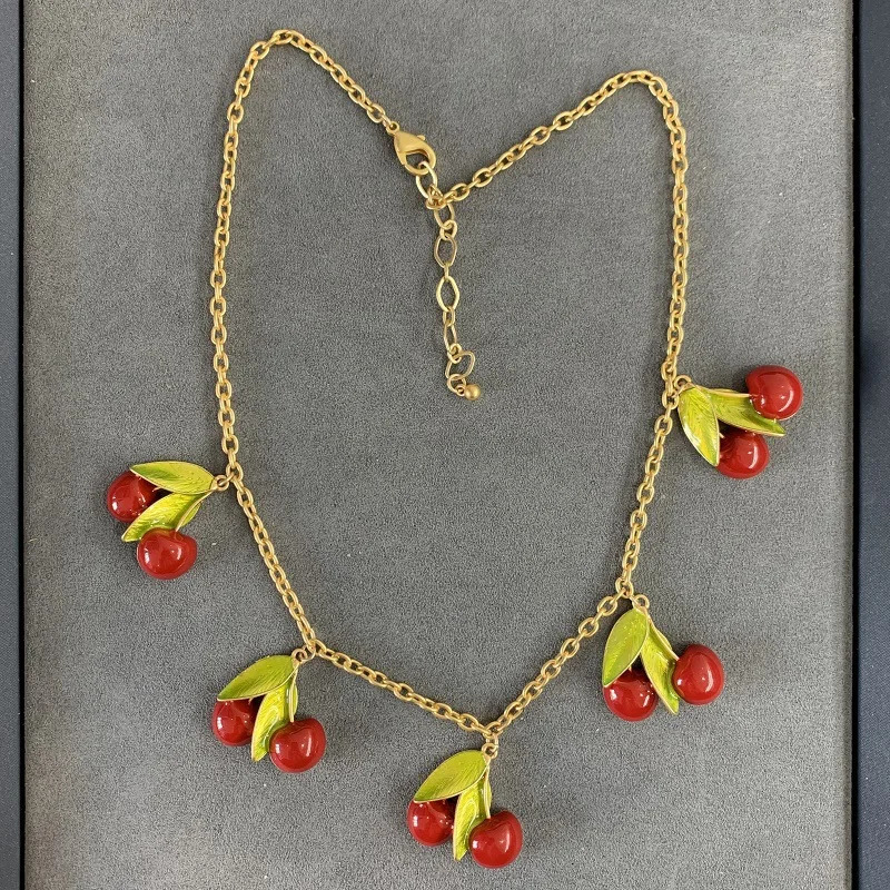 European and American fashion trends Sweet cute fresh red cherry green leaf necklace earrings jewelry set 241106