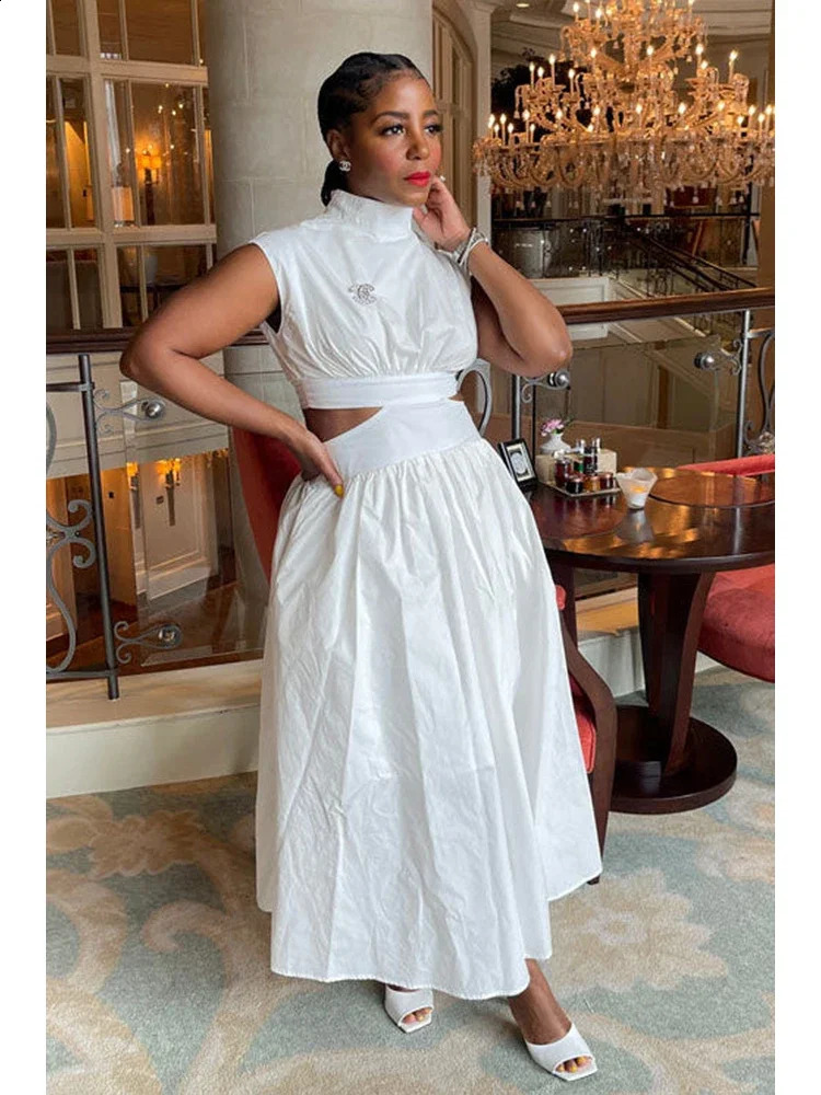Summer Dresses Mock Neck Sleeveless Cutout White Maxi Dresses A-line Elegant Pockets Casual Party Hollow Out Long Dress