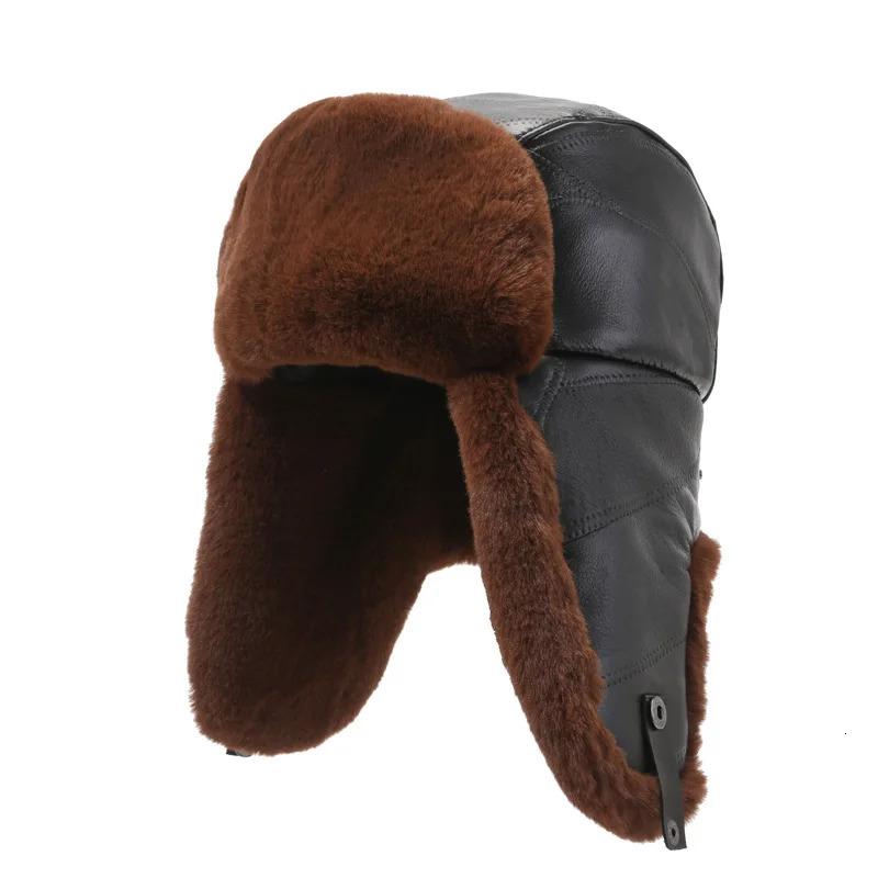 100% Natural Cowboy Leather Bomb Hat Earrings Warm Winter Hat Russian Fur Hunting Trap Hat 241106