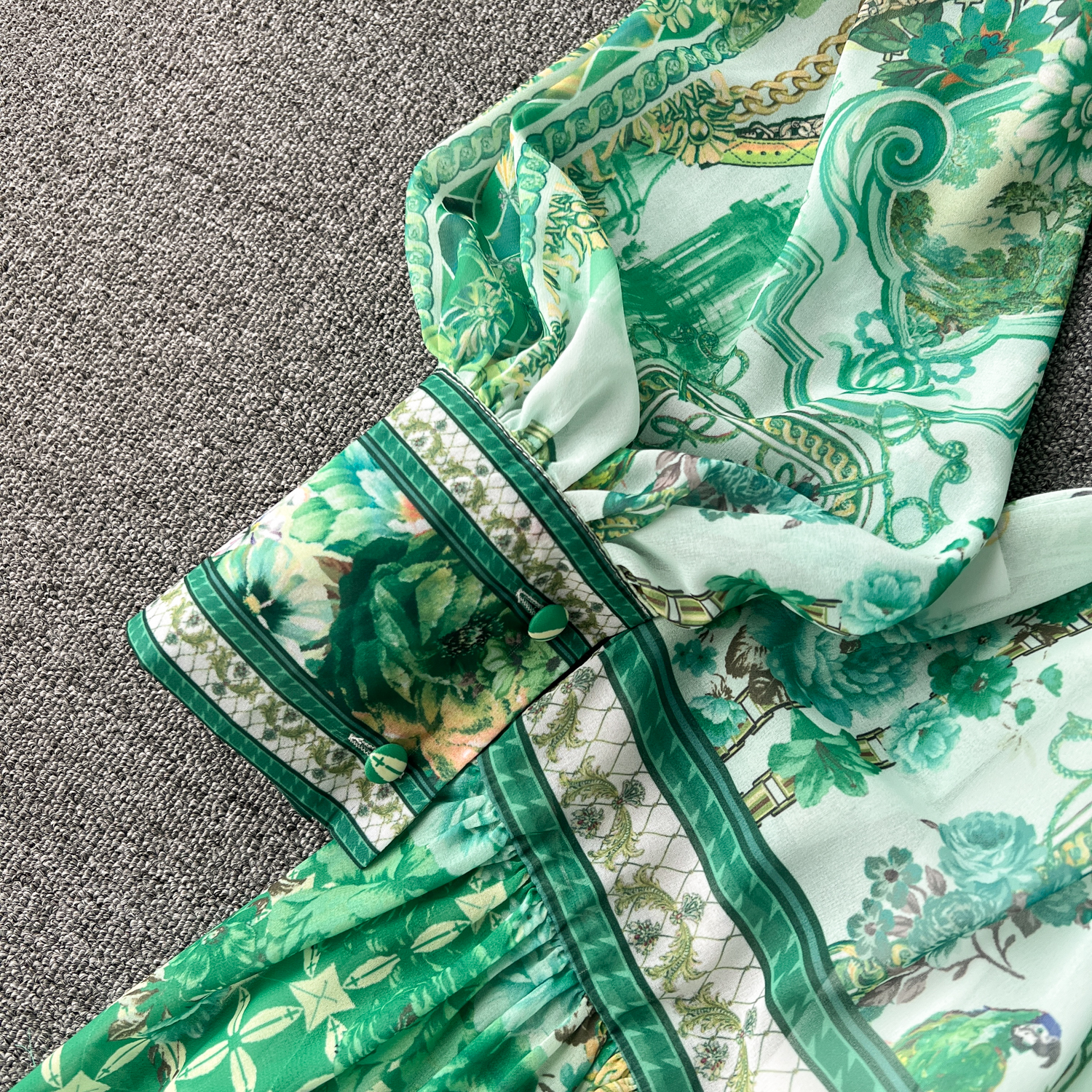Urban Sexy Dresses 2025 Bohemian Chiffon Green Maxi Dress Women's Stand Long Lantern Sleeve Single Breasted Wer Print Belt Holiday Robe Vestidos