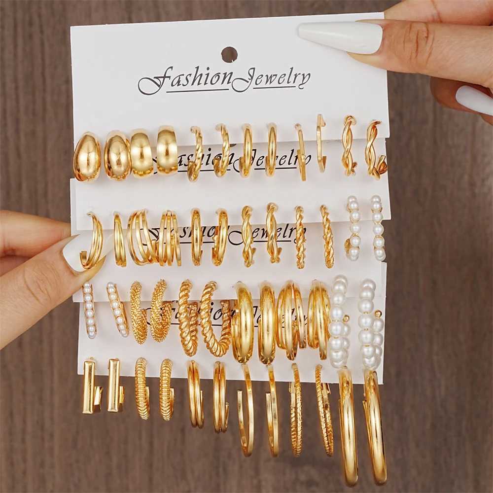 6-24 pairs of retro Geely glossy gold-plated metal pearl ring earrings set suitable for girls daily round earrings and jewelry X241106