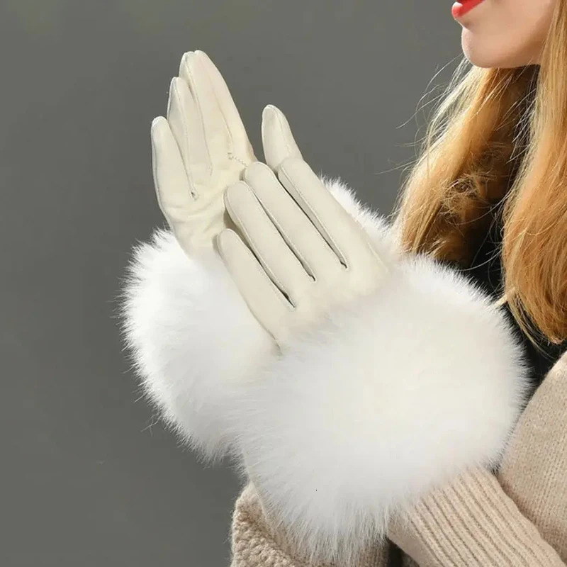 JxWatcher wholesale fox fur gloves genuine sheepskin gloves with natural fur genuine leather gloves thick in winter warm and fluffy lining 241106