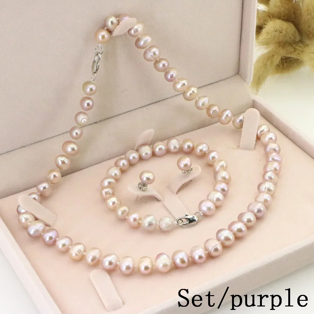 Womens Pearl Necklace 8-9mm Natural Freshwater White Pearl Necklace Earrings Bracelet Set Wedding Jewelry Birthday Gift 241106