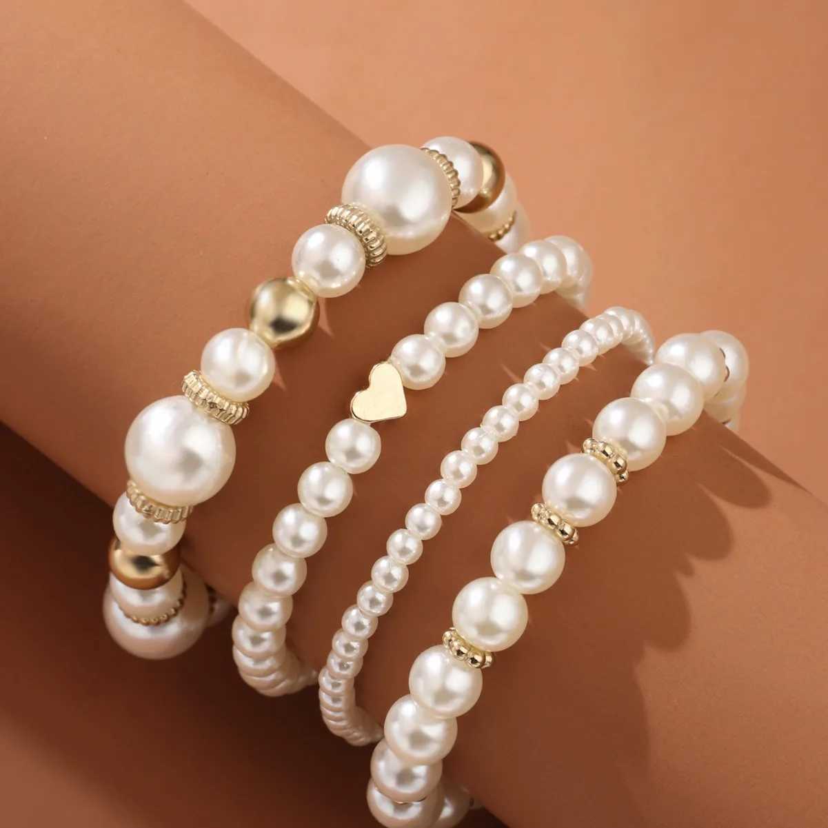 4-piece/set white pearl bracelet set suitable for warm and trendy elastic pearl bracelets elegant wedding party jewelry gifts X241106