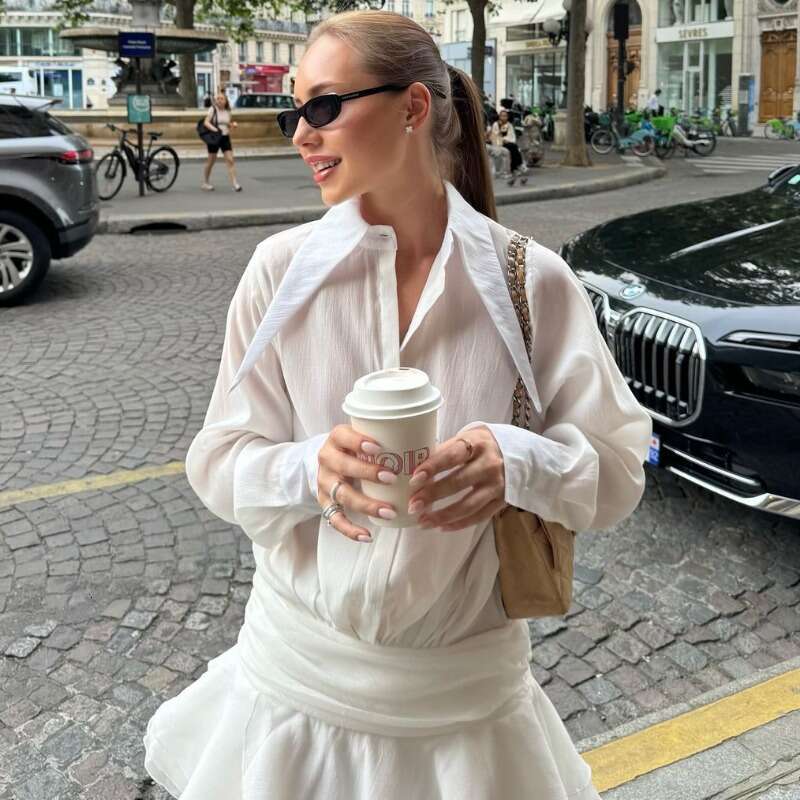 Talenza See-Through Chiffon Casual Women's Summer Loose Slim Shirt Solid Color Long Sleeve Ruffle Mini Dress