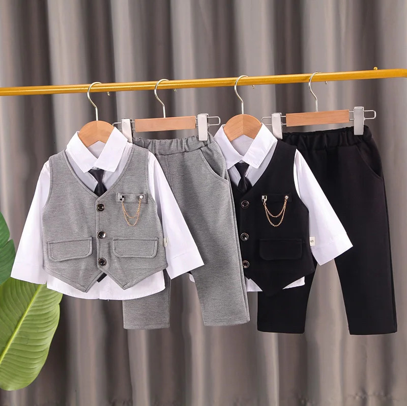 boys solid color childrens gentleman suit wear baby chain vest Tie Shirt three piece formal evening fashion dres 241106