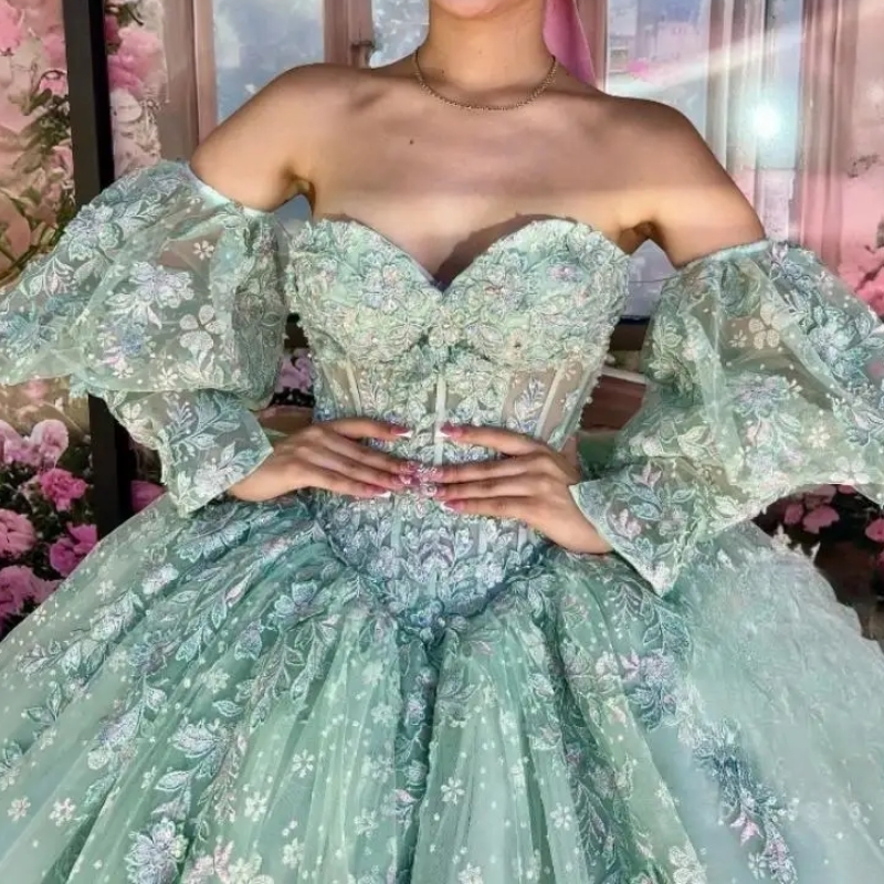 Mint Green Shiny Princess Ball Gown Quinceanera Dresses Off The Shoulder Sequin Applique Lace Beads Tull Sweet 16 Dress Vestido De 15 Anos