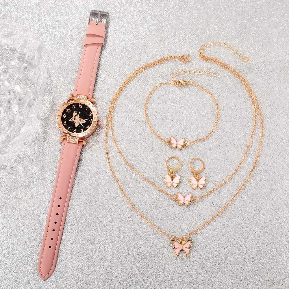 Elegant 5-piece stone English watch set with faux leather strap and bracelet - the perfect gift X241106