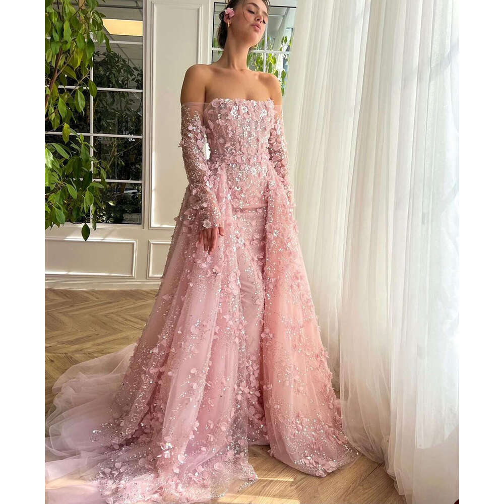 Elegant Pink ra Evening Dresses Hand Made wers Sequins Applique Lace Up Prom Party Gowns Long Sleeve Dress With Detachable Train