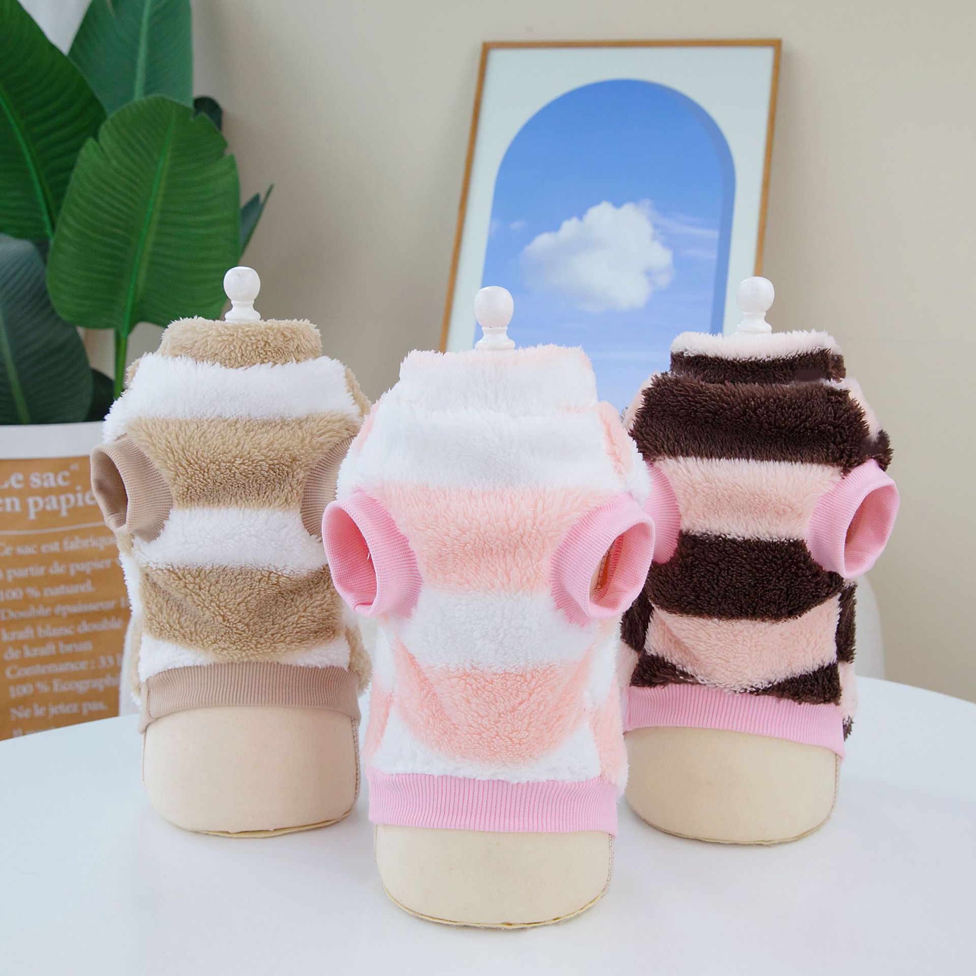 Dog D ring Clothes Fashion Design Striped Dog Fleece Clothes Autumn Winter Pet Clothing