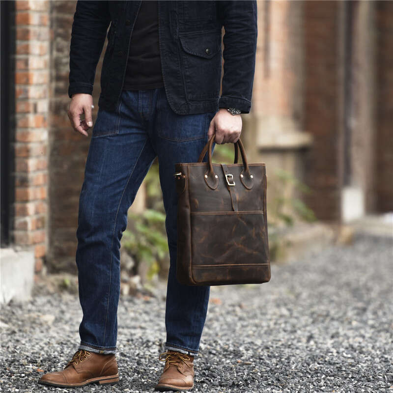 retro high quality crazy horse cowhide mens handbag simple casual natural genuine leather briefcase notebook messenger bag