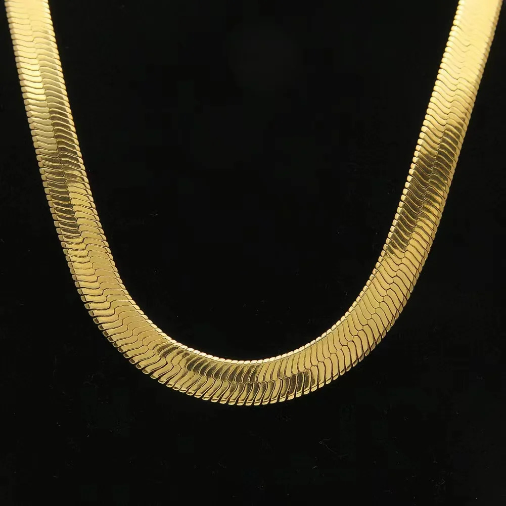 10MM Mens Snake Long Chain Necklace Gold Plated Flat Herringbone Choker Hip Hop Male Choker Colar Jewelry Gifts for Him 36-76CM240327