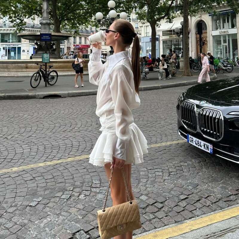 Talenza See-Through Chiffon Casual Women's Summer Loose Slim Shirt Solid Color Long Sleeve Ruffle Mini Dress