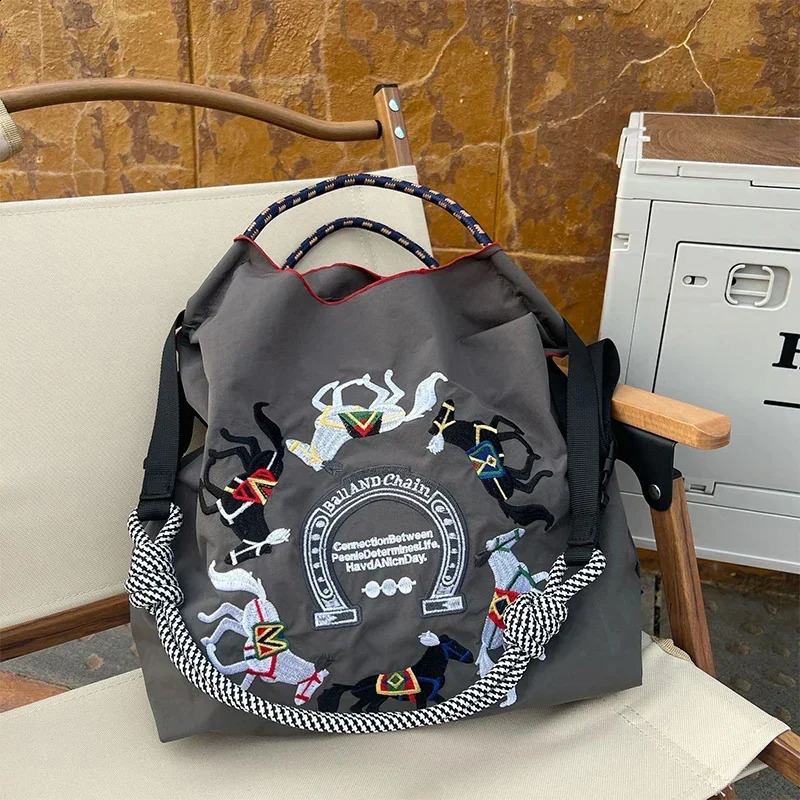 Draw String handbag Oxford fabric embroidered handbag reusable nylon handbag foldable shoulder bag foldable shoulder bag 241105