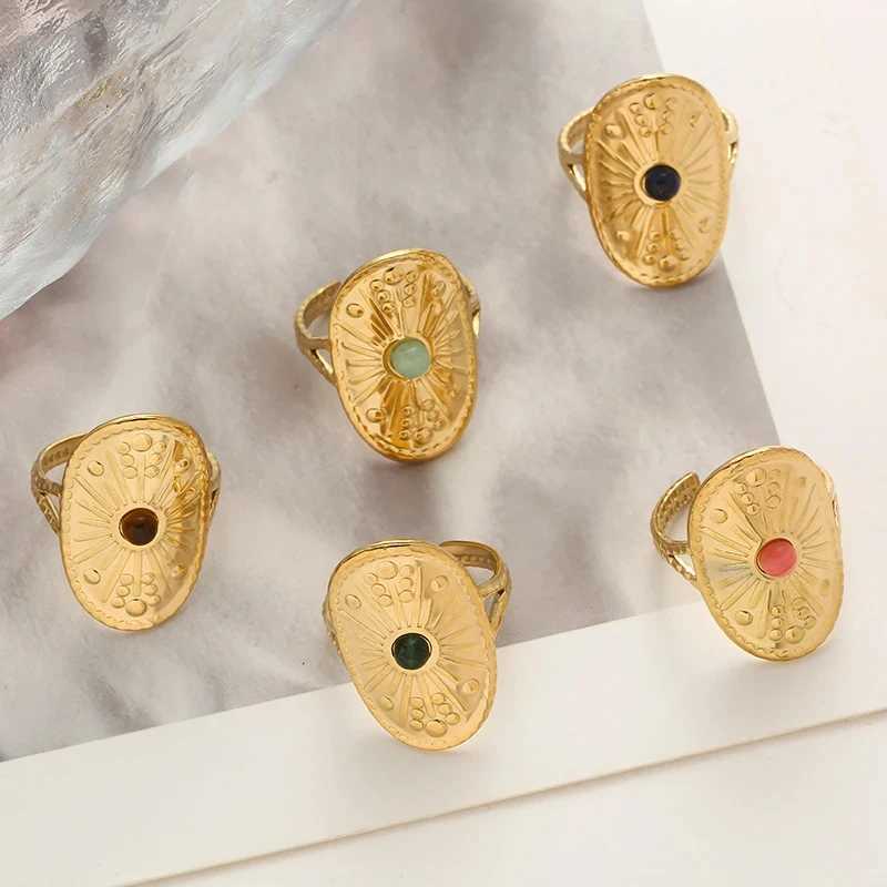 Bohe colored natural stone ring used for warm stainless steel gold-plated Suower hollow adjustable open ring jewelry gifts X241106