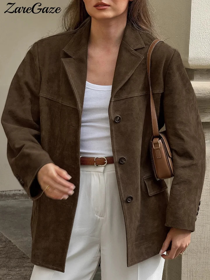 Brown Suede Womens Blazer Jackets Loose Single Breasted Pockets Lapel Coats 2024 Autumn Lady Vintage Outwears 241106