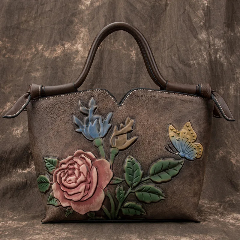 Small womens genuine leather handbag retro floral shoulder bag for women handmade cowhide handbag for women 241105