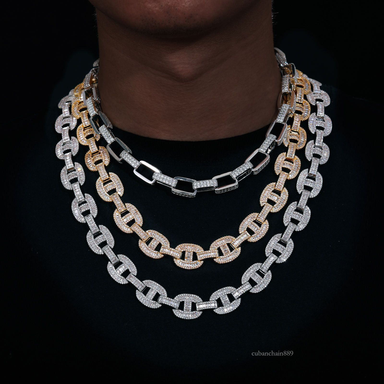 High Quality 16mm Baguette Moissanite k Sterg Sier Lab Mossanite Dia Iced Out Cuban Chain For Men