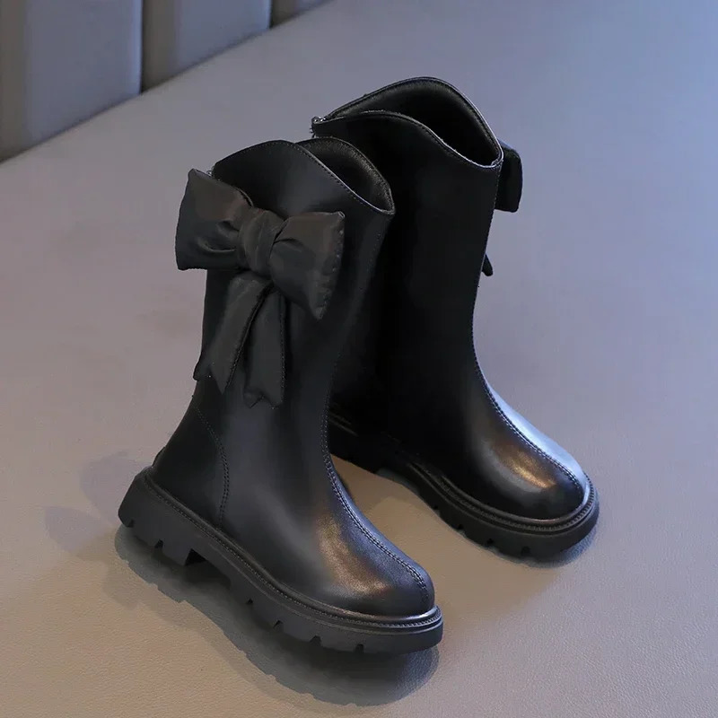 Girls Long Boots Black Pu Leather Bowtie Chunky Fashion Children Winter Boot Warm Bowknot Round Toe Knee-high Kids Shoes 27-37 241106