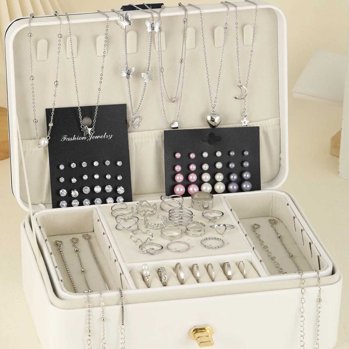 81 pieces of retro elegant imitation pearl zircon pendant earrings rings necklaces used for daily wear jewelry sets X241106