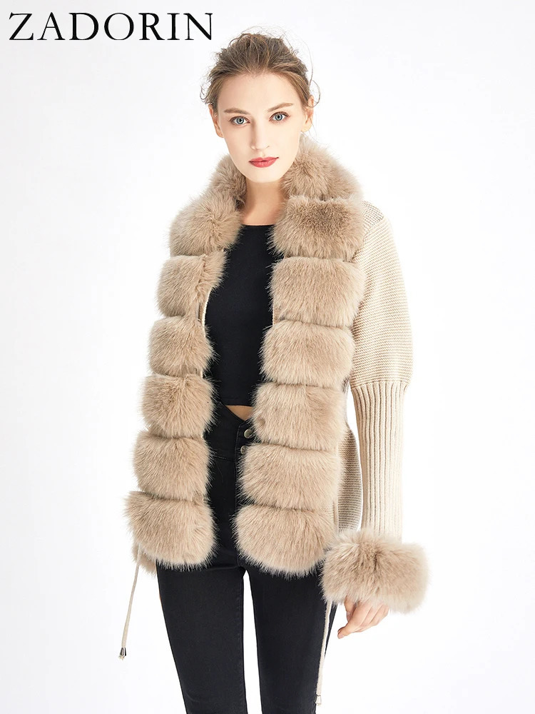 ZADORIN Fall Winter Women Faux Fur Coat Knitted Sweater Fur Cardigan Detachable Collar White Pink Jacket Faux Fur Coats 241106