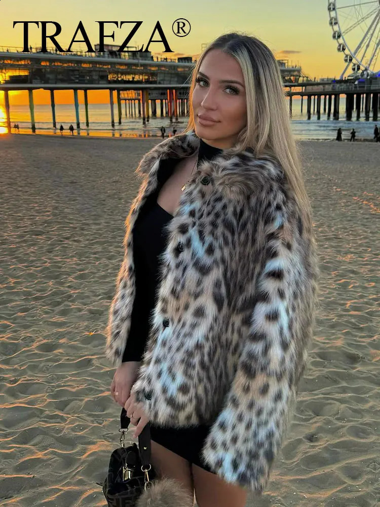 TRAFZA Women Leopard Print Faux Fur Coat Button Long Sleeve Jacket Winter Warm Outerwear Female Fashion High Street Y2k Coats 241104