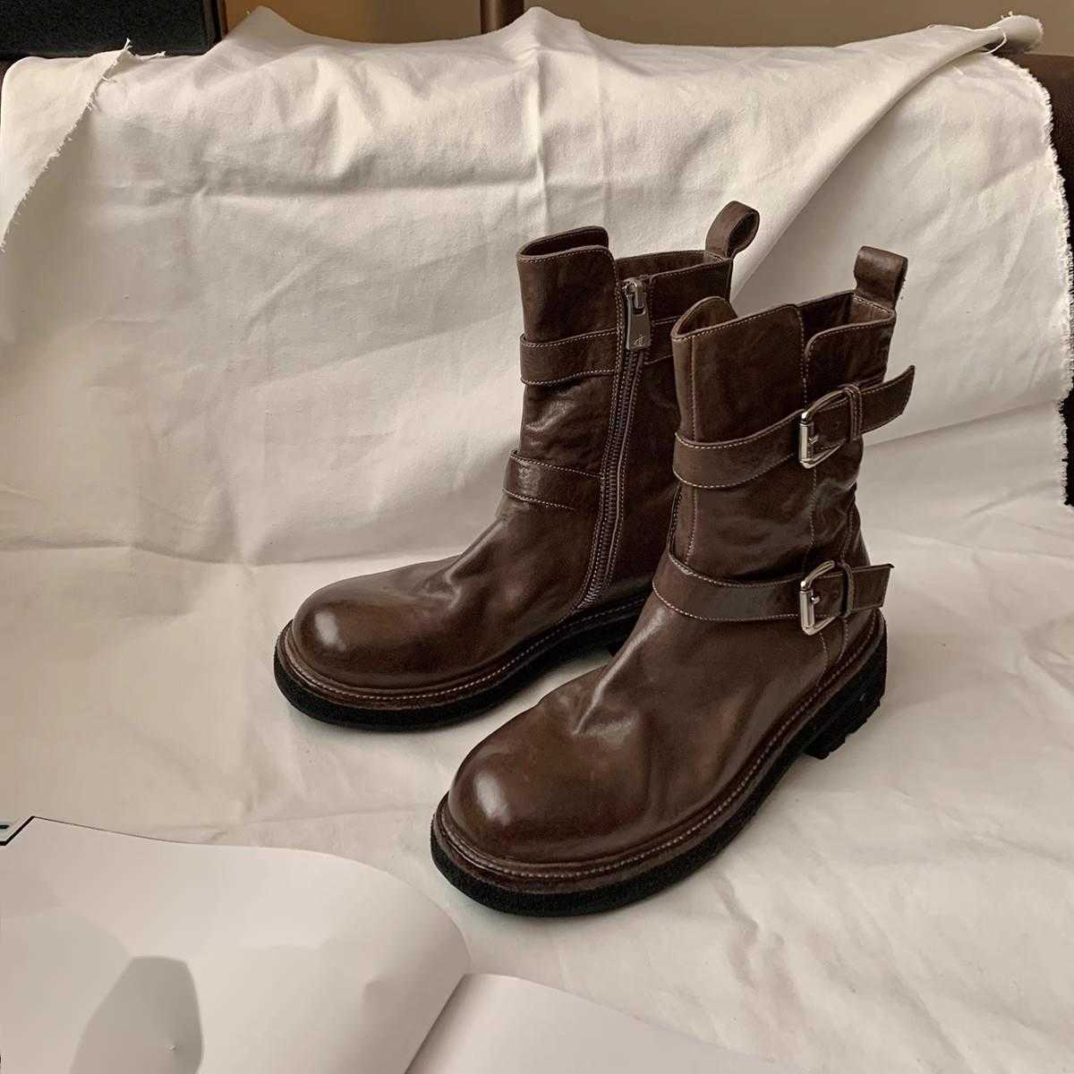 CMM Autumn Winter Washed Shrink Pattern Horse Skin Skinny Short Boots Womens Versatile Evening Breeze