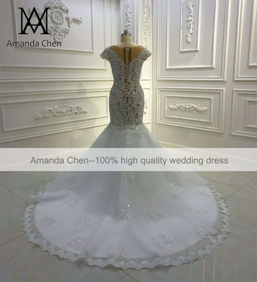 bruidsjurken Cap Sleeve Lace Appliques Crystal Mermaid Wedding Dress