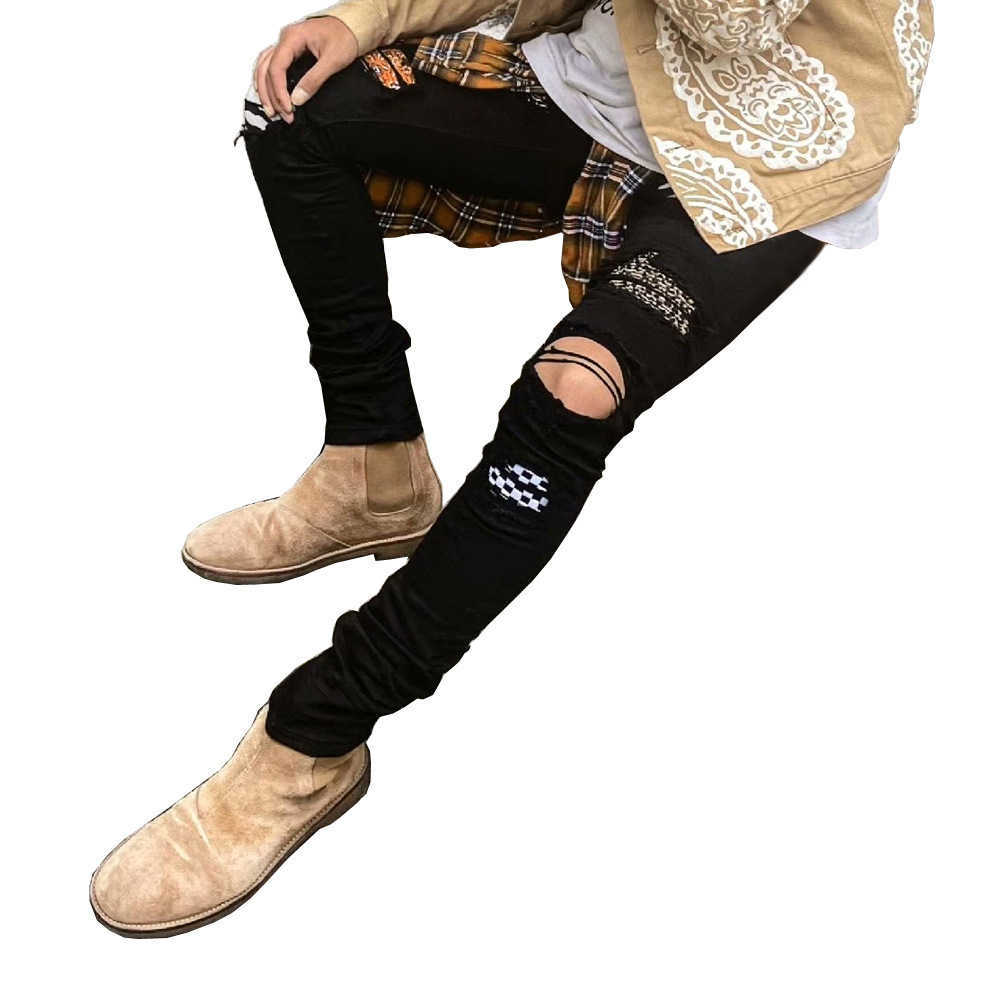 Men's Jeans Cashew flower leopard print patchwork ripped high street trend small foot stretch jeans Q241106