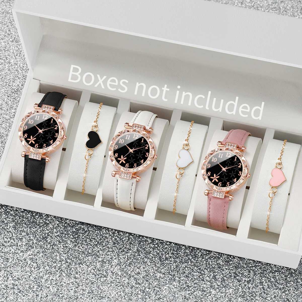 6-piece/set Wens Watch Fashion Flower Dial Leather Quartz Watch with Bracelet Set X241106