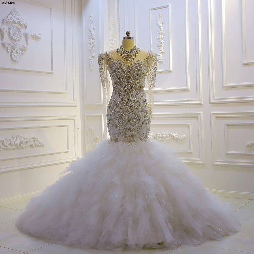 Heavy Beading High Neck Long Sleeve Ruffles Mermaid Wedding Dress