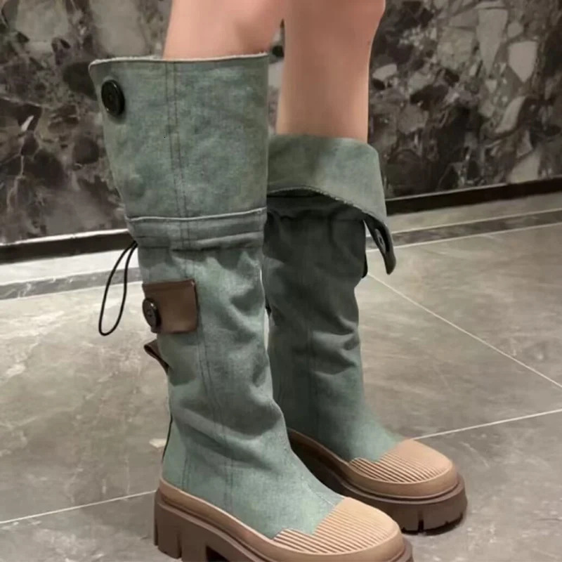 Women Flats Platform Denim Winter Designer New Knee High Motorcycle Boots Casual Goth Shoes Snow Botas Mujer