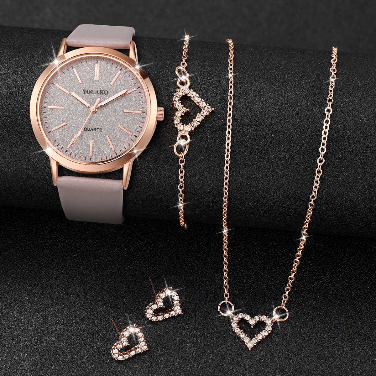 5-piece/set fashion leather strap quartz watch and jewelry set X241106