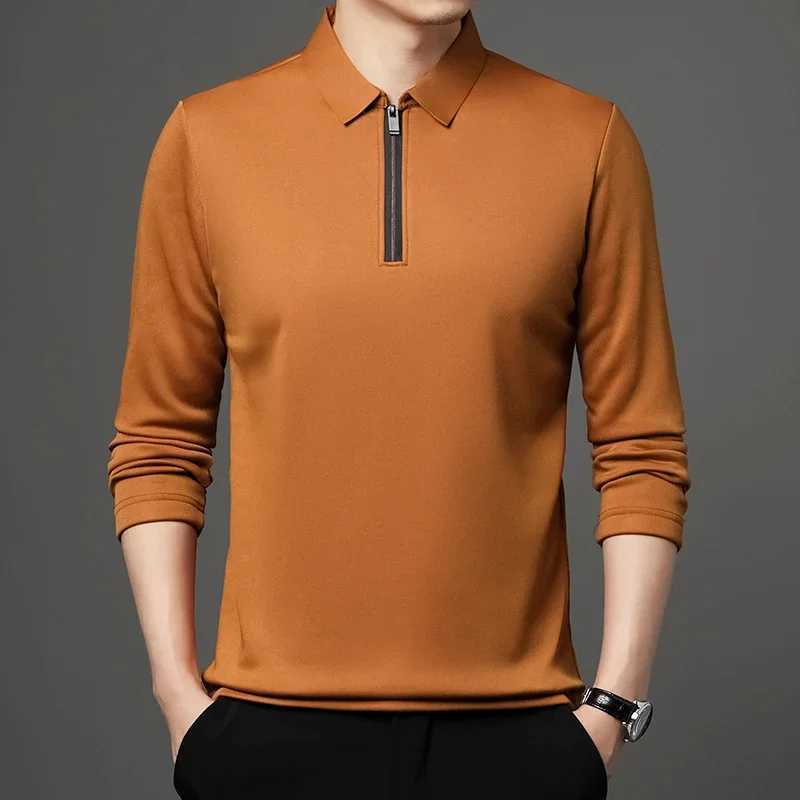 Solid color long Sve shirt fashionable zipper mens collar cotton collar long Sve T-shirt W241106