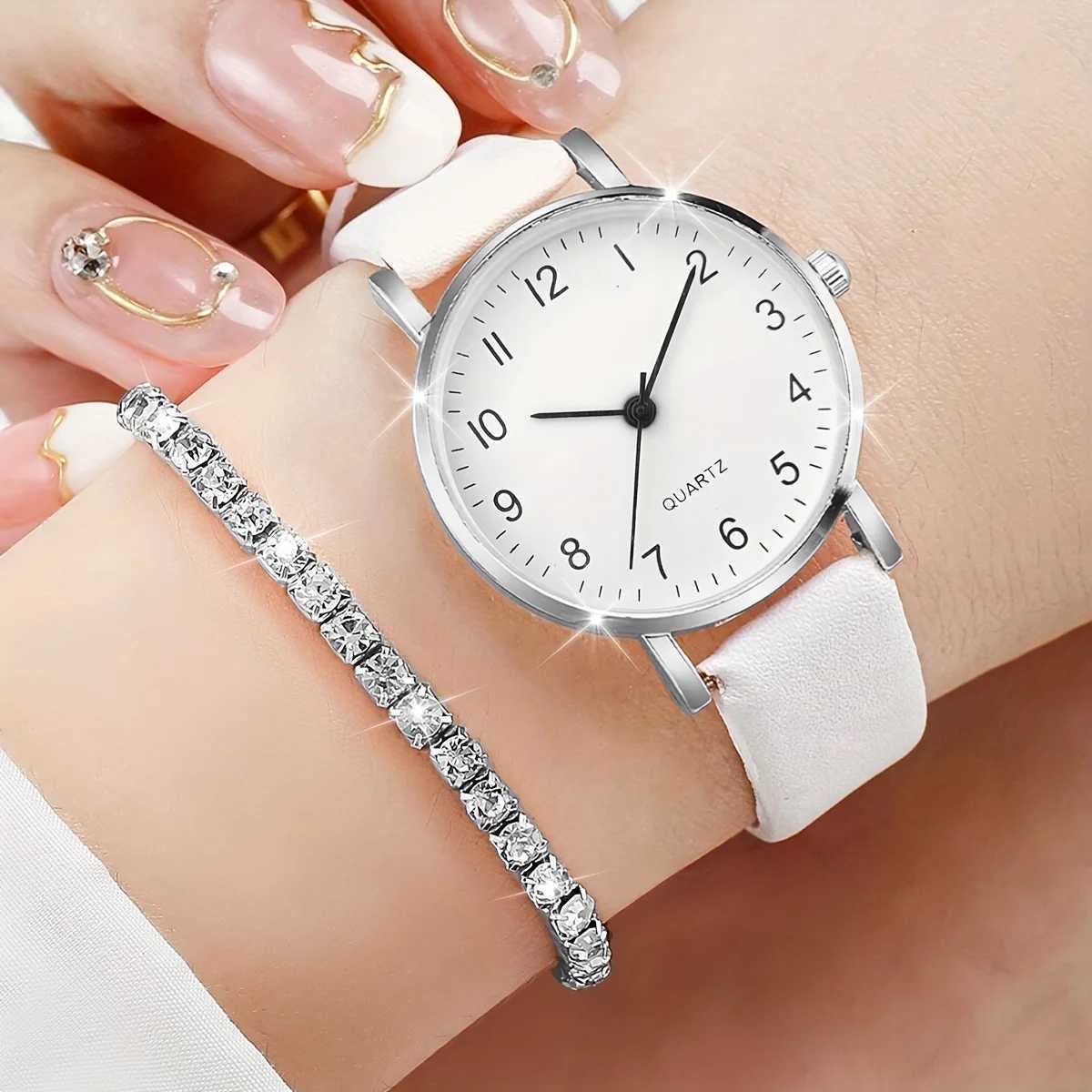 Fashion 6-piece warm quartz watch and jewelry set - circular analog display screen with leather strap perfect gift for her X241106