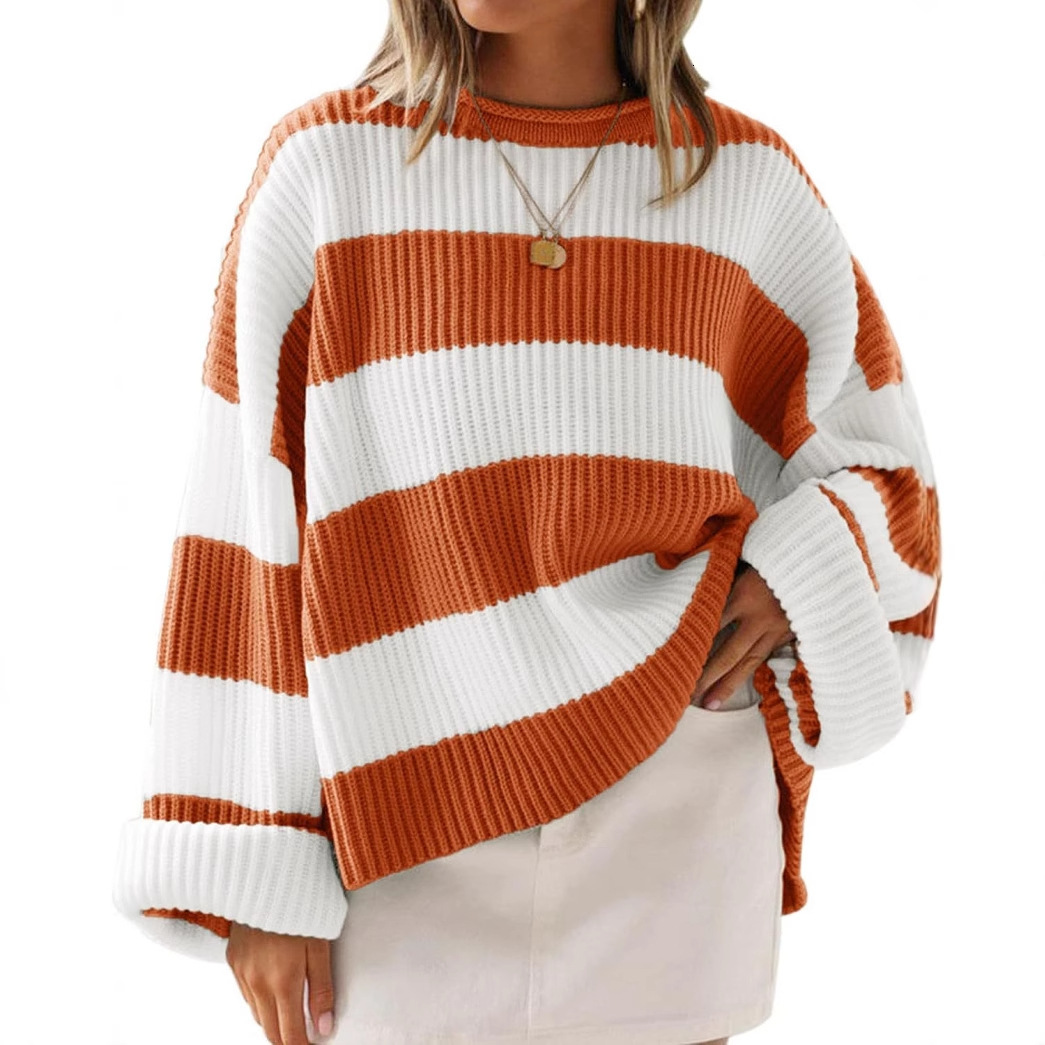2025 Autumn And Winter Round Neck Long Sleeved Striped Knitted Shirt For Women Flared Sleeve Loose Sweater Woolen Sweater