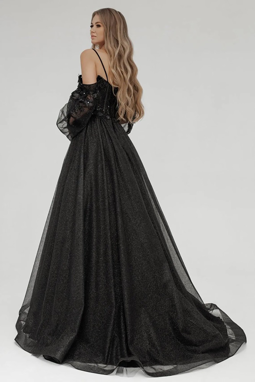 Wedding Black Gothic Dresses Gowns Off The Shoulder Long Sleeves Sequins Tulle Sparkle Goth Bridal Robes With Color Non White