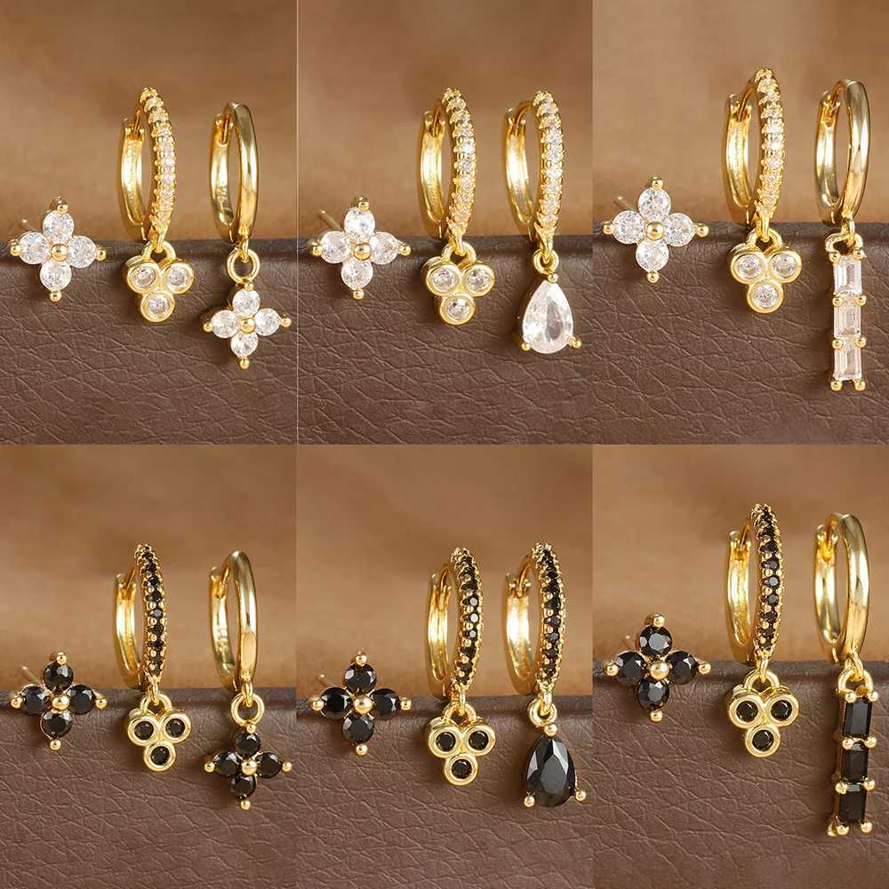 3-piece retro stainless steel flower hug ring earring set suitable for perforated fashion jewelry in text black white and zircon cardboard boxes X2411
