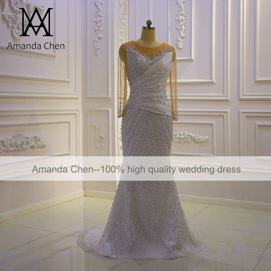 bridal dress Long Sleeve Lace Appliqued Handwork Pearls Detachable Skirt Wedding Dress