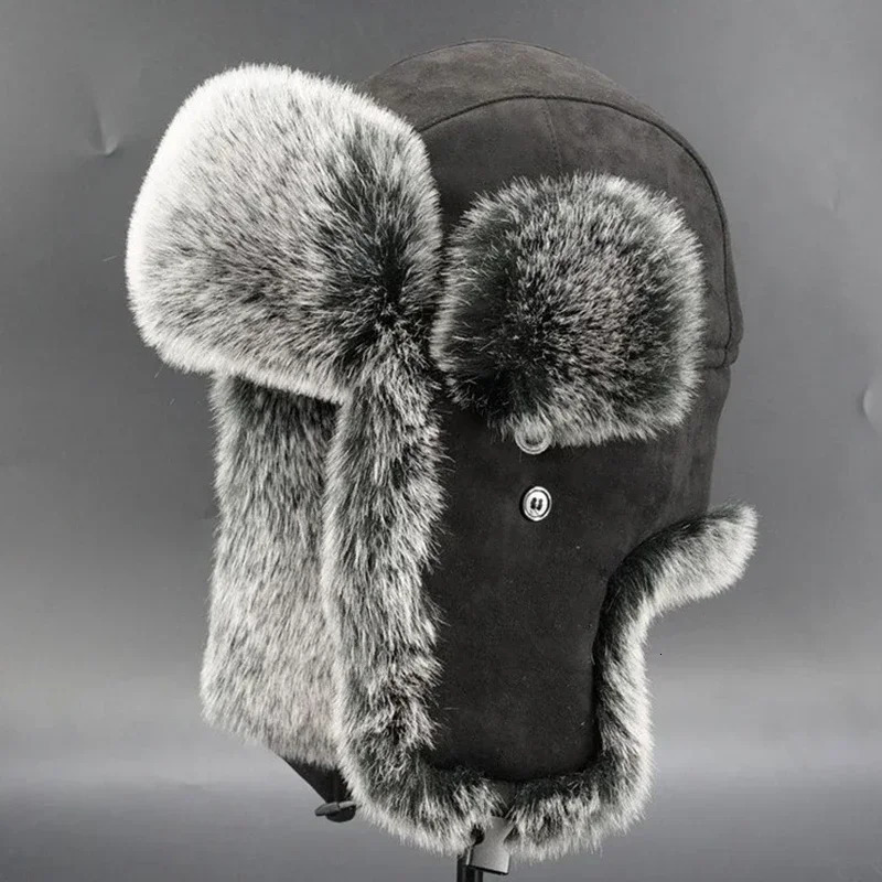 Ushanka Ski Hat Winter Russian Warm Ear Protector Artificial Fur Trap Hat Mens Hat Plush Air Bomber Hat 241106