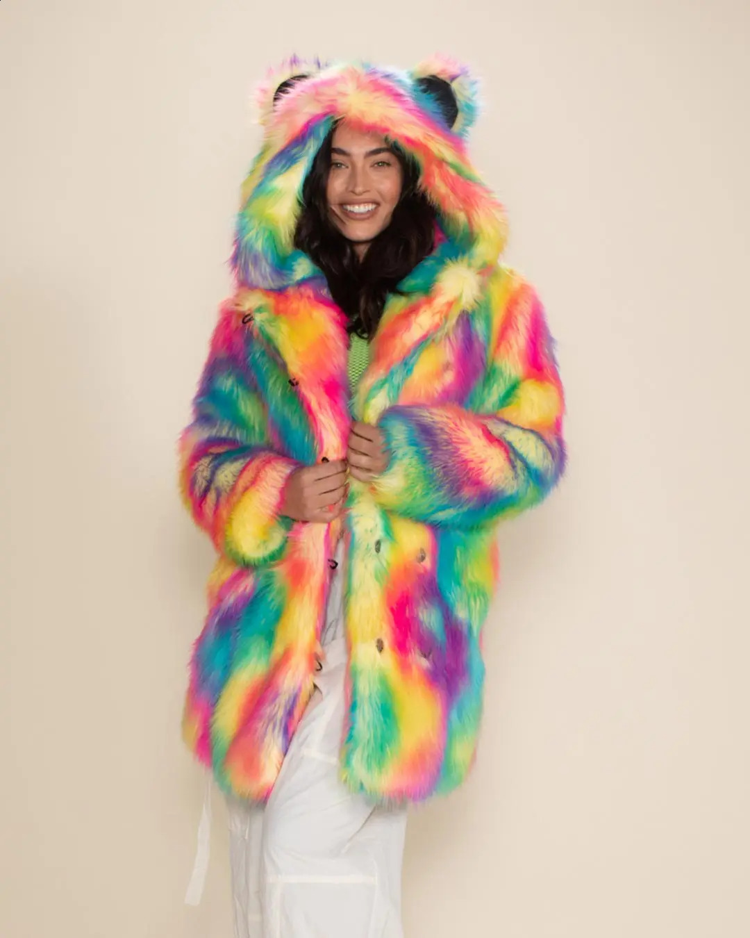 Colorful Personalized Faux Fur Coat Womens Fall And Winter Hooded Thick High Quality