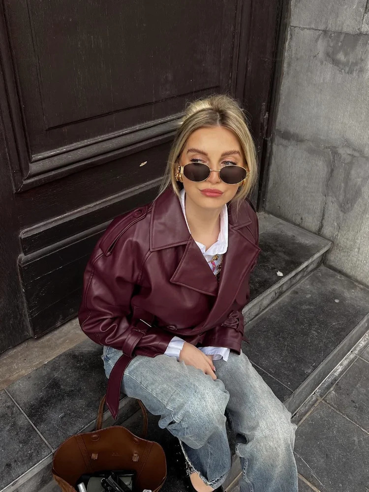 Fashion Women Autumn Solid Short Leather Jacket With Belt Elegant Lapel Long Sleeves Cropped Coat Chic Lady Commuting Outerwear 241106