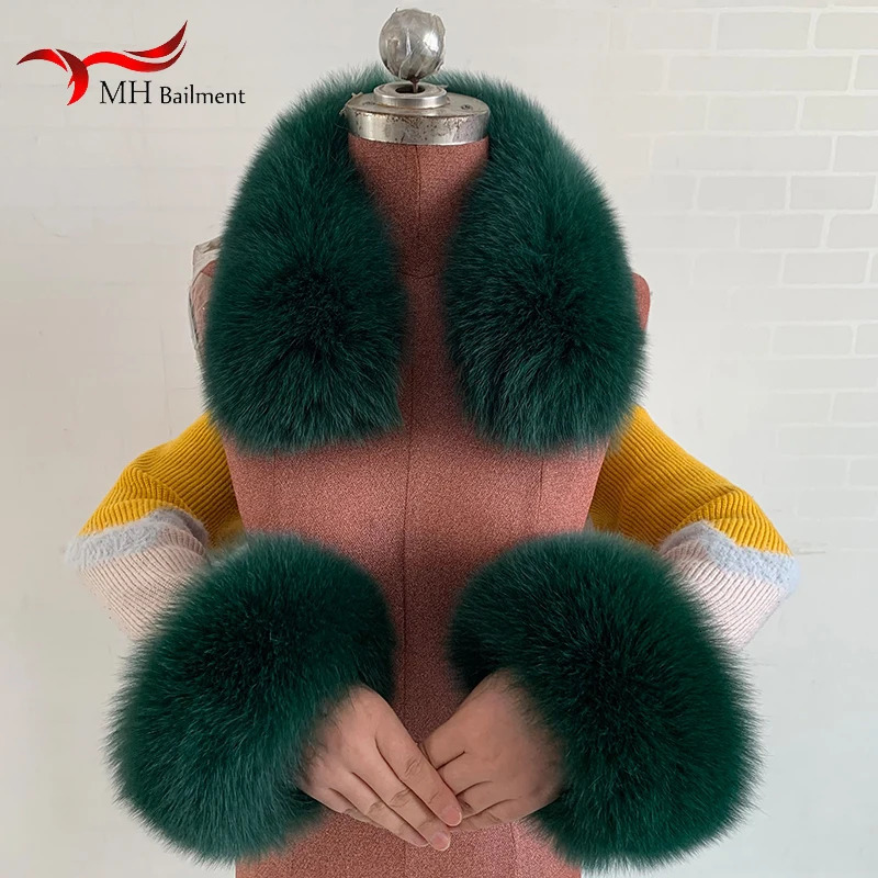 Fox Fur Square Collar Genuine Fur Cuff Set Womens Winter Thick Warm Fashion Scarf Cuff Matching Coat Accessories 241216