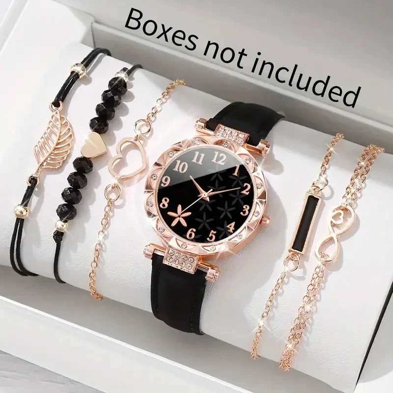 6 pieces/set of Wens watches casual flower quartz watches PU leather watch bracelets Cbination set Wens girl jewelry gifts X241106