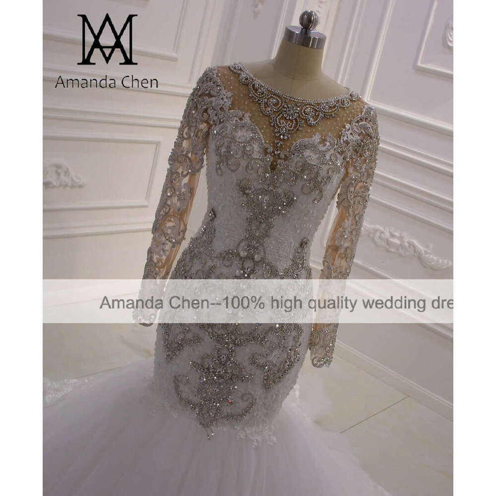 mariage Long Sleeve Lace Appliques Crystal Mermaid Wedding Dress
