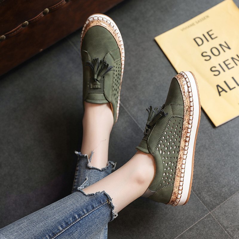 Large size new casual single shoes women's shoes hollow out one foot pedal tassel low cut daily round toe lazy shoes