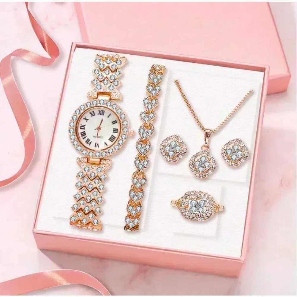 Luxury Fl Crystal 5-piece Watch Necklace Earrings Ring Set Rhinestone Watch Fem Bracelet Set Gift Reloj MUJI X241106