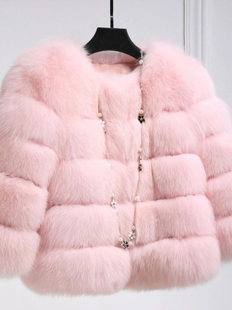 Elegant Faux Fur Short Coat Women Oneck Crop Long Sleeve Artificial Fox Fluffy Lady Jacket Autumn Winter Female Outwears 241104