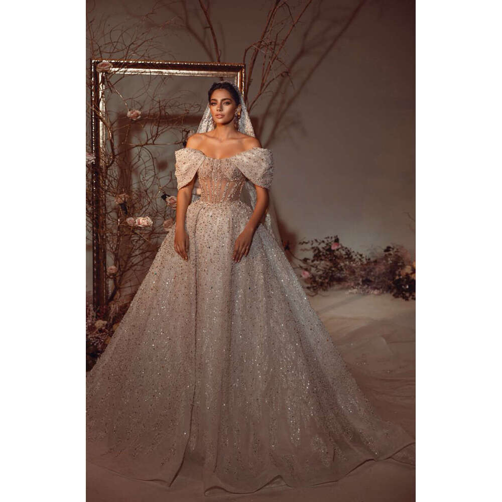 Arabic Dubai A Line Wedding Dresses With Beads Crustals Eleant Off Shoulder Cap Sleeve Lace Appliques Bridal Gown Sweep Train Vestidos De Novia Custom